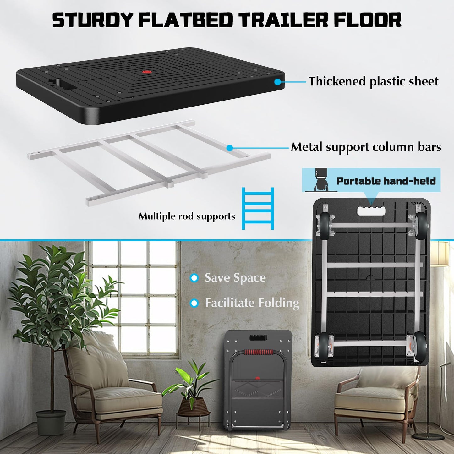 Platform Truck, Foldable Handcart with Swivel Wheel 34"x22" Heavy-Duty Push Dolly Cart,1000lbs Capacity, 6 Steel Load-Bearing Beams for Warehouse Garage Home Use