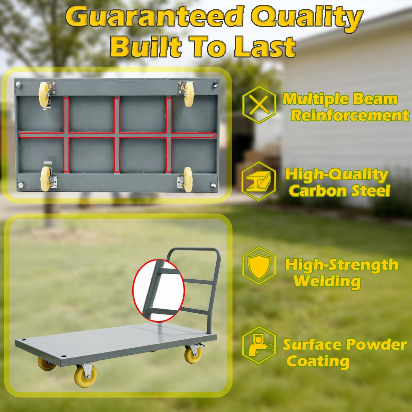 QVWZD Heavy Duty Steel Platform Truck, 47" L x 23.8" W x 32.7" H Flat Cart, Hand Trucks with Nylon Casters, 2000 lbs Capacity Steel Reinforced Flat Cart, Multi Use Utility Dolly for Warehouse Garage