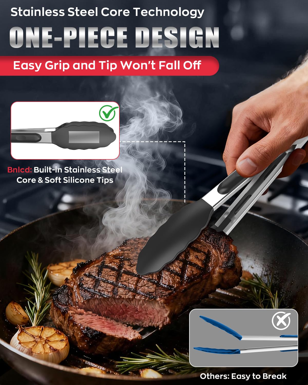 Bnlcd Good Grip Cooking Tongs with Silicone Tips, Set of 3-7" 9" and 12"