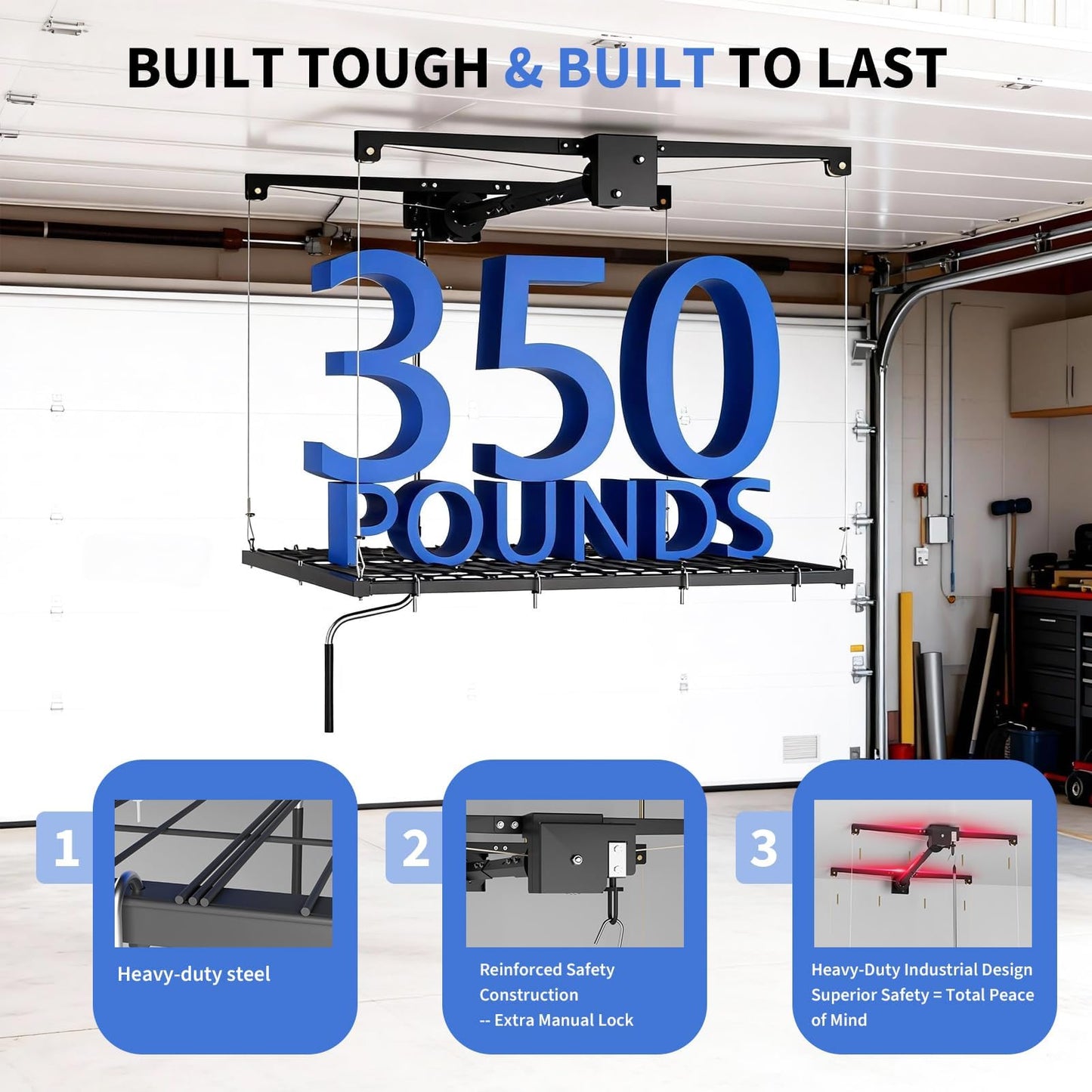 Patikuin Garage Ceiling Storage Rack,Storage Elevator for Garage,4x4 ft Overhead Lift Storage with 350 Lb Capacity,Smooth Crank System, Space-Saving Design for Garage Organization
