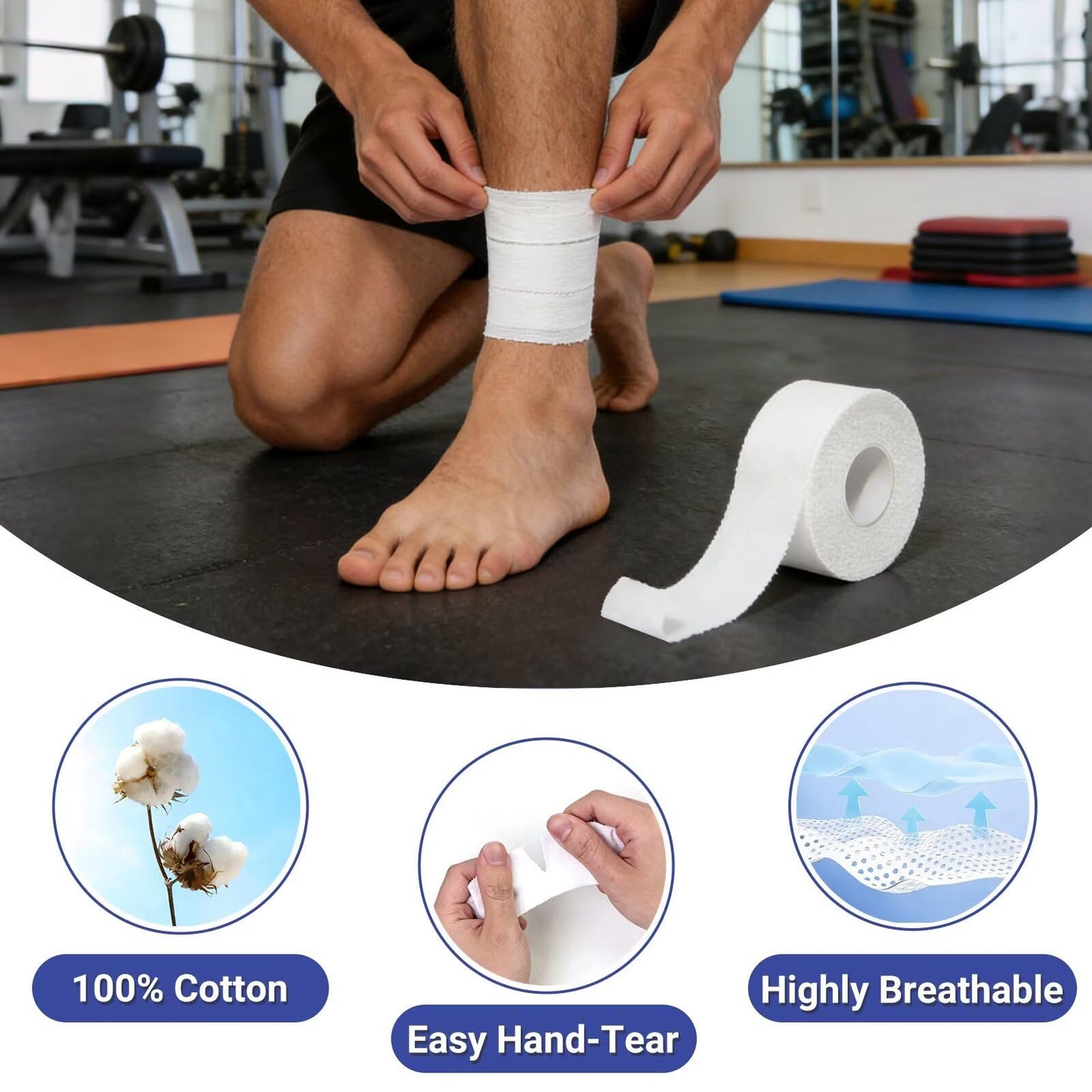 Golden Sport Athletic Tape, 6 Pack White Sports Tape, 1.5 in x 45 ft, Very Strong Easy Tear No Sticky Residue Tape for Sport, Suitable for Gymnastics, Climbing, Boxing, Hockey Bat and Soccer