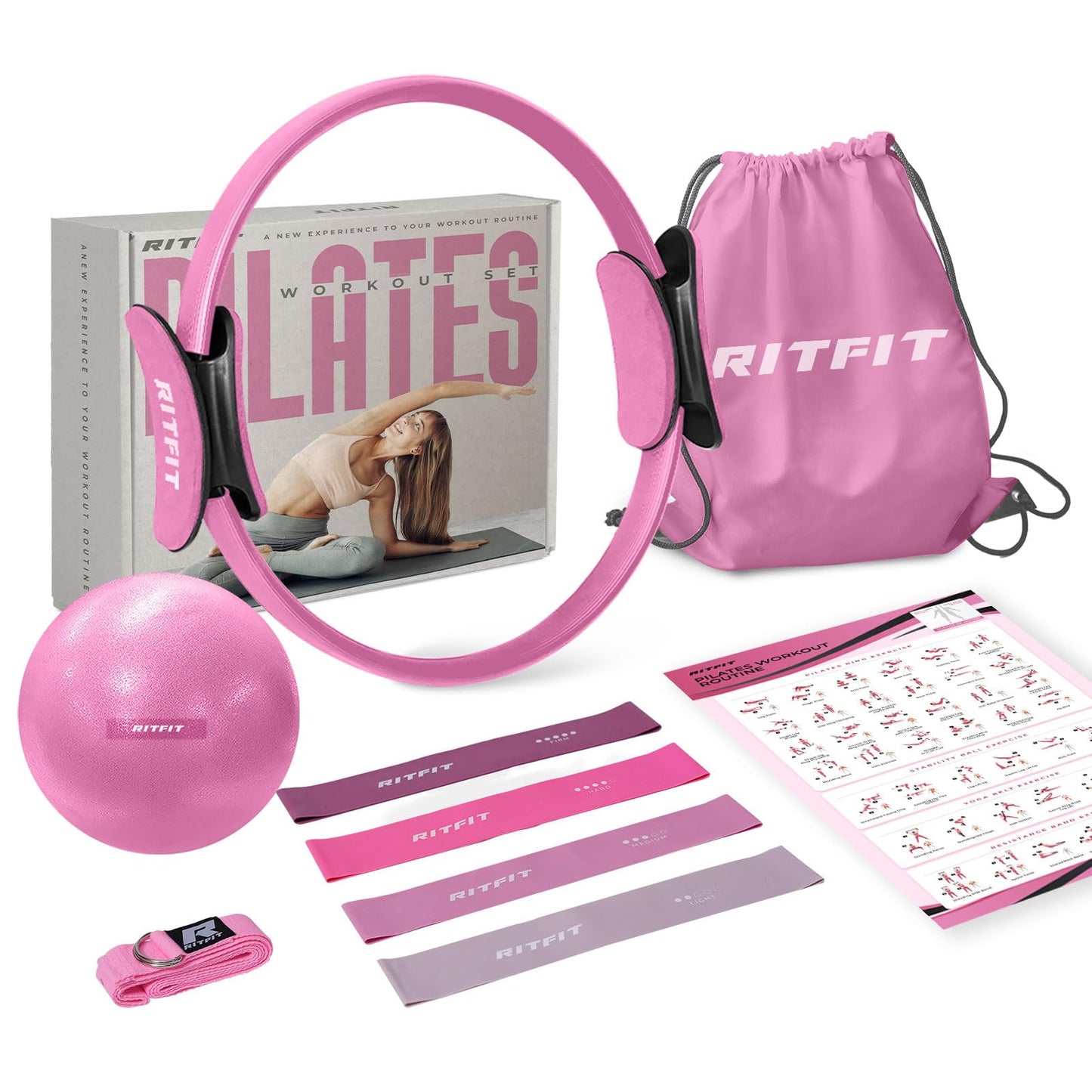RitFit Pilates Kit - 14 Inch Pilates Ring Magic Circle with Pilates Ball, Resistance Bands & Yoga Strap, Pilates Equipment for Home Workout Toning Thighs, Arms and Core (Pink)
