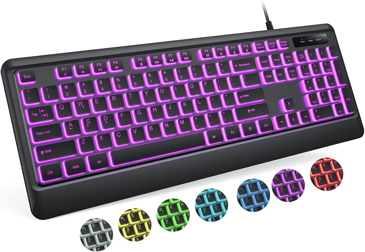Luzarriba 7 Backlit Computer Keyboards, Wired USB LED Keyboard with Colors Backlight, Plug and Play, Waterproof, Full