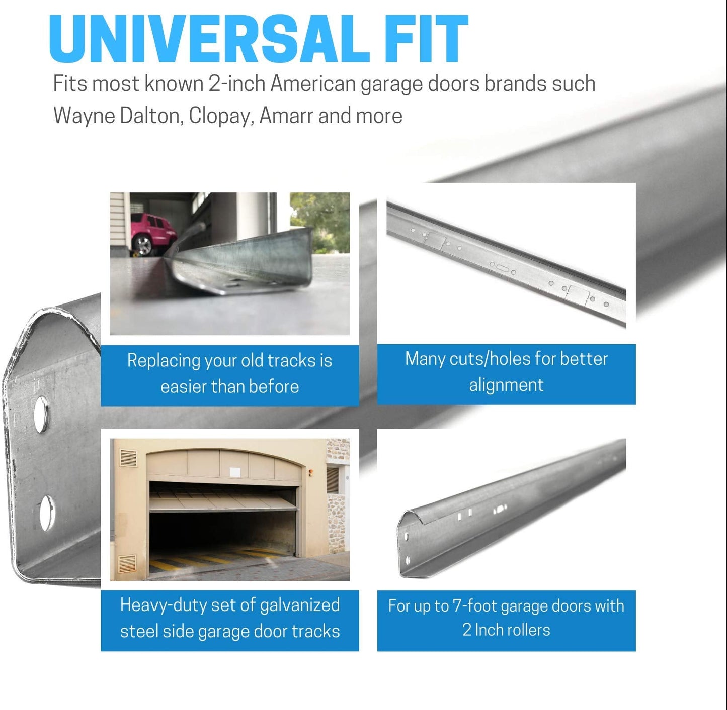 Garage Door Vertical Track Replacement – Set of Left and Right for 7 Foot Tall - Galvanized Steel Hardware Door Rails for Residential/Light Commercial Side Tracks for 2-inch Rollers