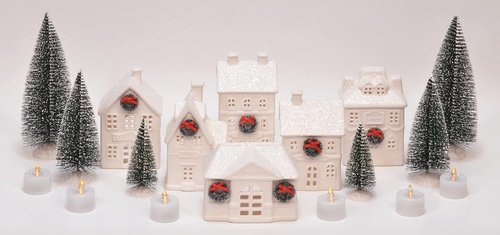 Mark Feldstein & Associates Holiday Wreath Village - 18 Piece LED Christmas Figurines Set in White Porcelain