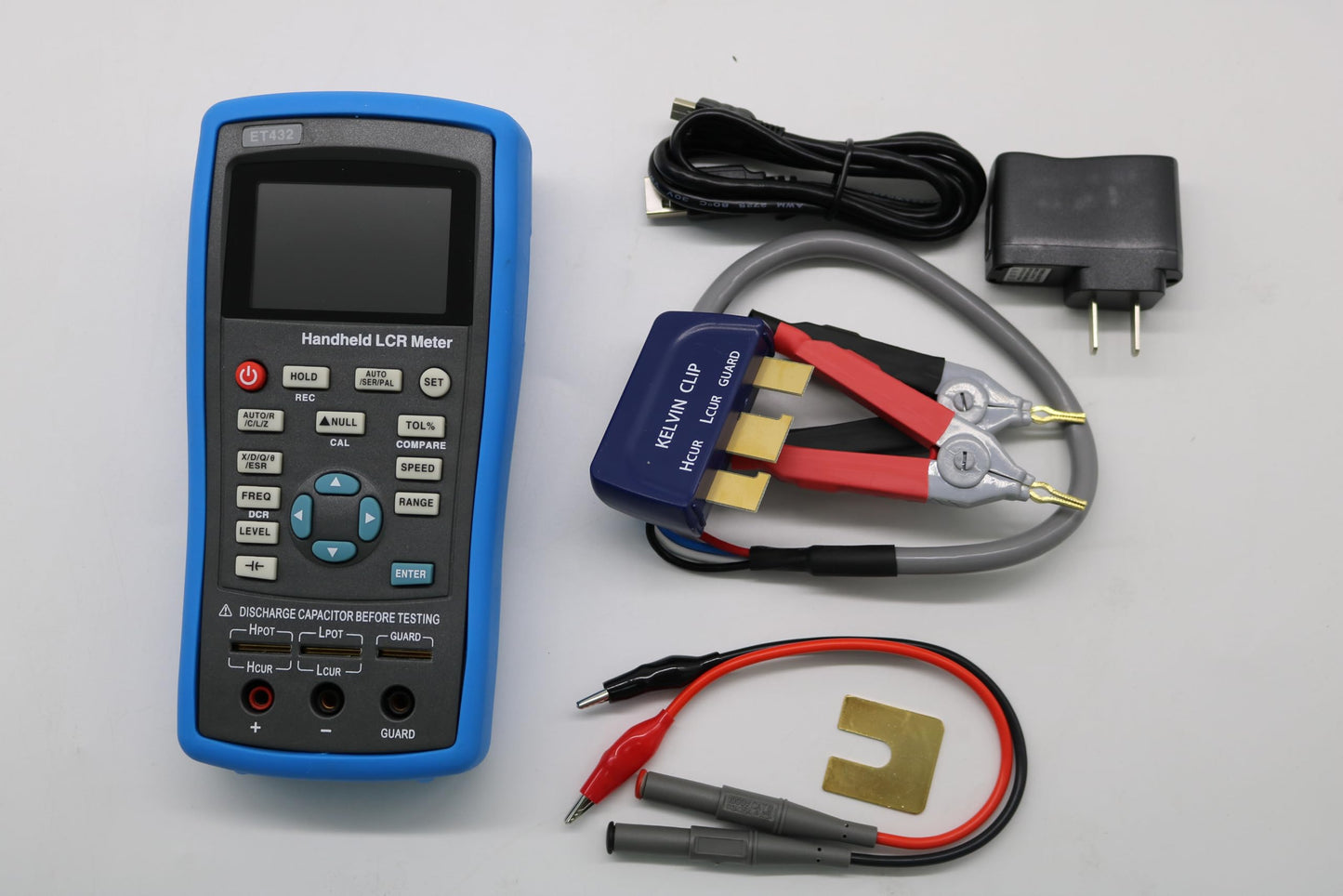 Handheld LCR Meter Bridge, 0.2% Basic Accuracy, 6 Test Frequencies to 100kHz, TFT Display, Electrolytic Capacitor Mode, Type-C & SCPI Protocol,ET432