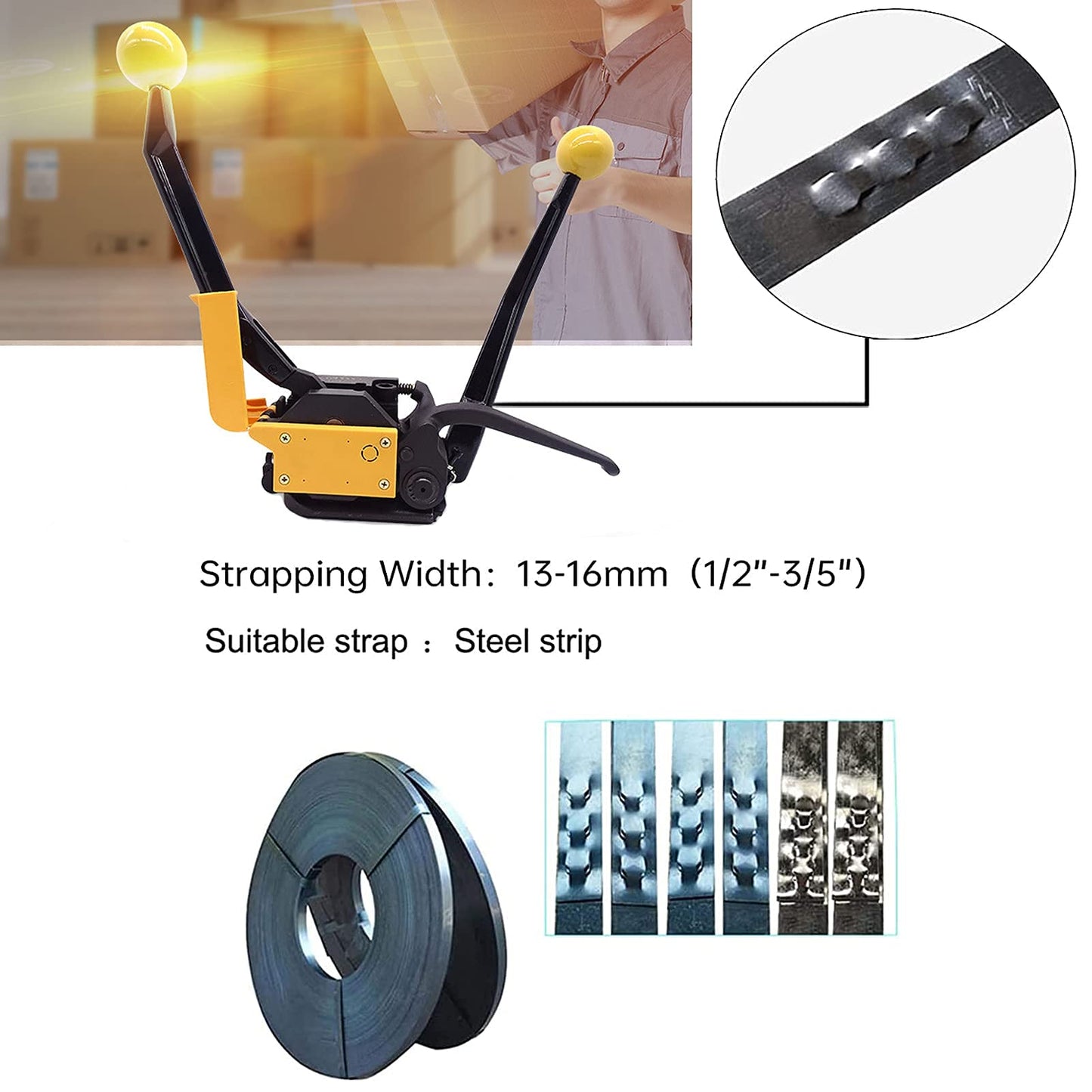 SDRTOP Steel Strapping Tool A333 Stainless Manual Belt Packaging Banding Machine Metal Free Buckle Packing for Width 1/2" 5/8" 3/4" Sealless Combination Tools