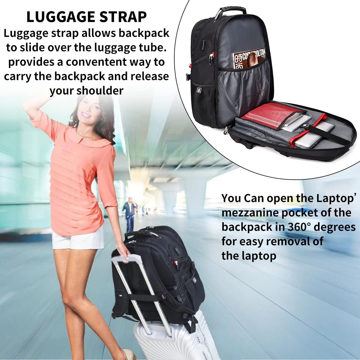 SHRRADOO 50L Backpack Backpack 17 Inch Extra Large Travel Laptop with combination lock, College High School Airline