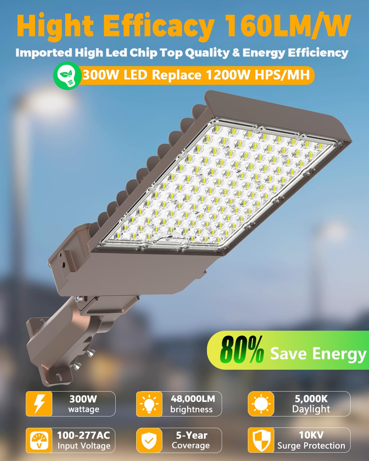 CLLIGHTING 300W Parking Lot Light: 160lm/W 5000K Arm & Slip Fitter Mount LED Parking Lot Lights for Commercial - IP66 Waterproof Rating LED Pole Light for Parking Area with 48000LM 2PACKS