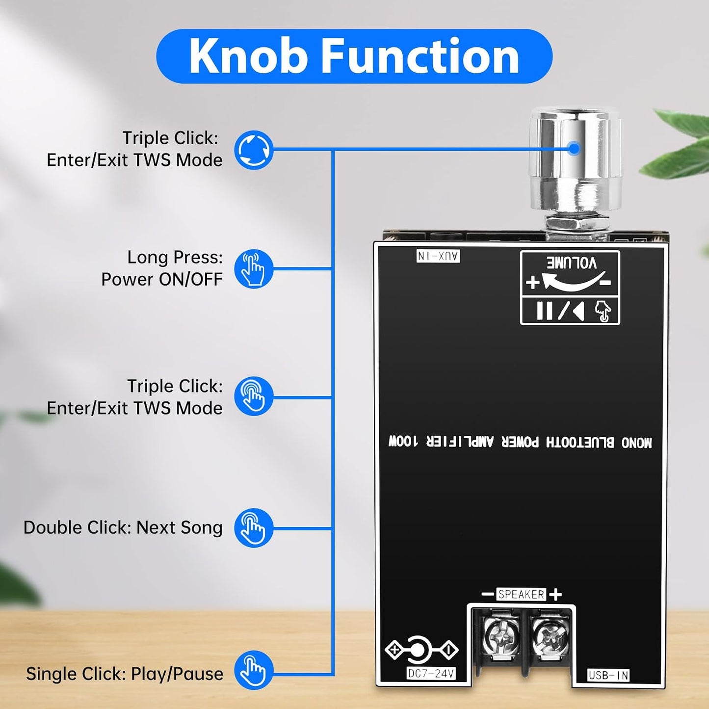 2PCS ZK-1001B Board,100W 7-24V, Daakro Bluetooth Amplifier Mono Channel Amp Board with TWS Pairing Function,DC