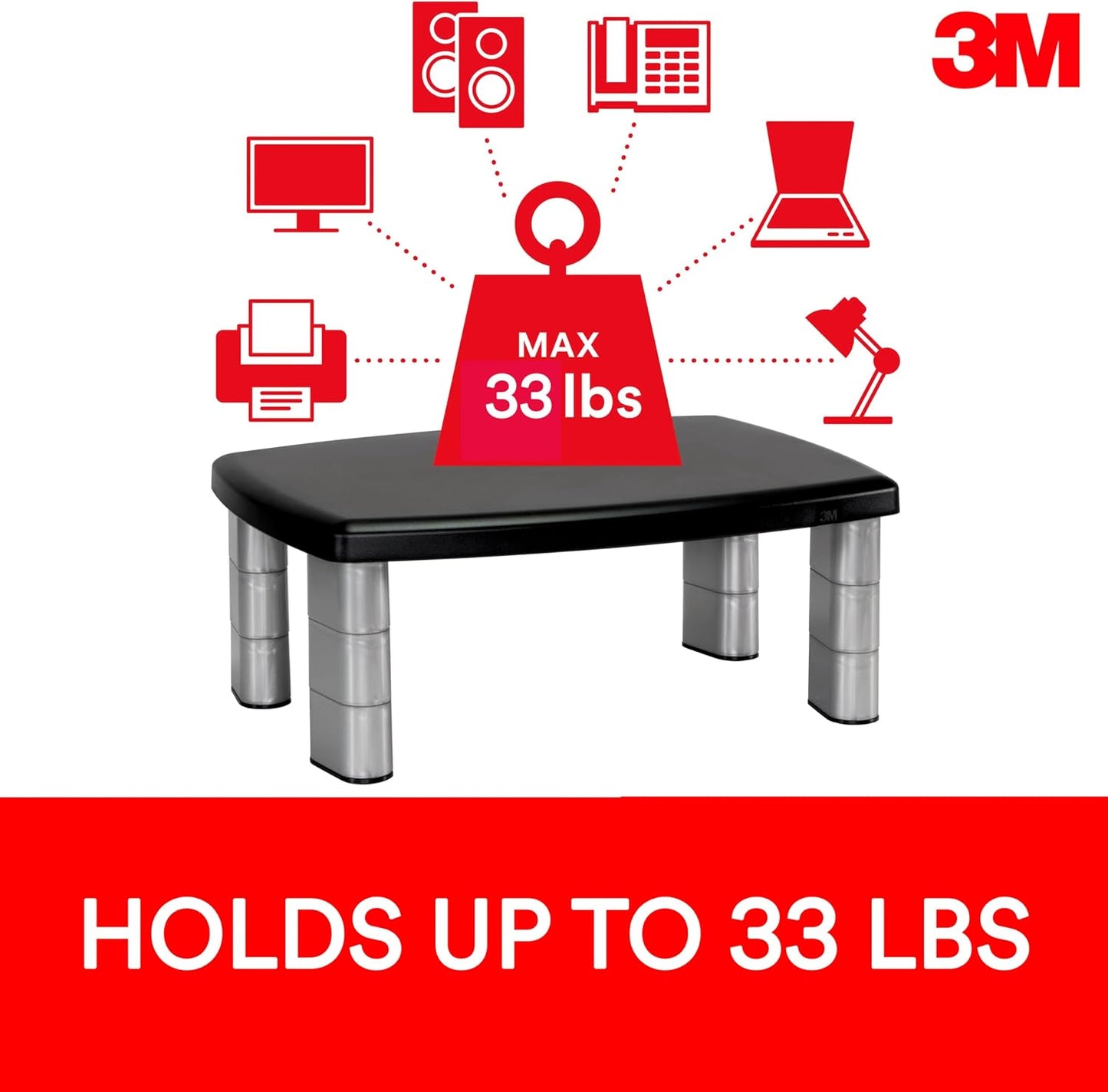 3M 4-Port Adjustable Monitor Stand with USB Hub, Black, Great for Computer Monitors, Laptops, TVs, Speakers, Printers