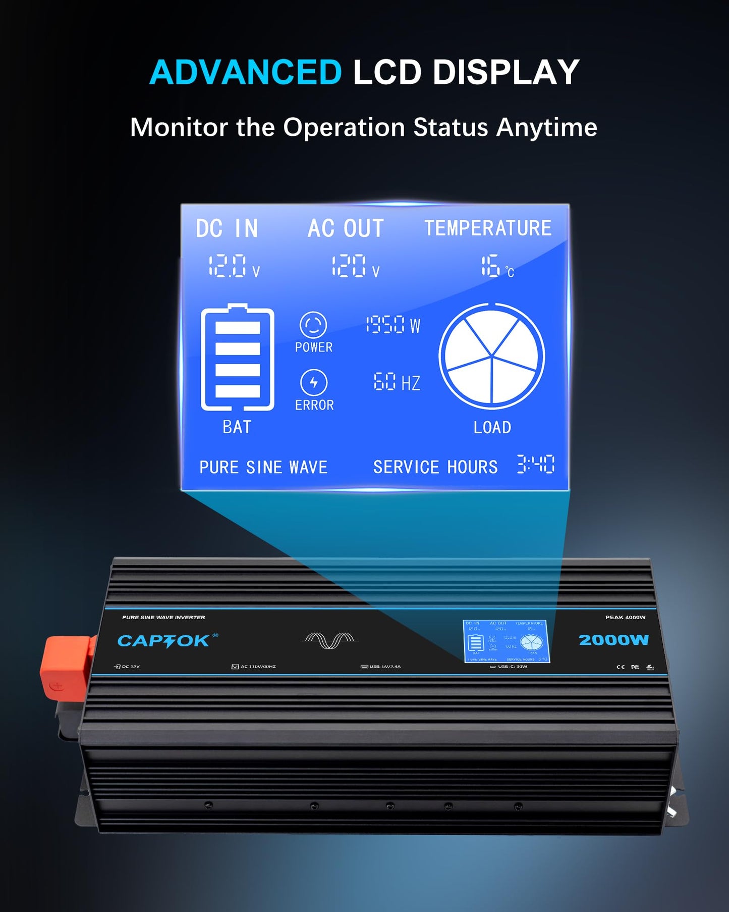 CAPTOK 2000W Pure Sine Wave Inverter DC 12V AC 120V Double LCD Screen Remote Control Power Inverter 30W USB-C 4AC Outlets for RV, Home, Solar System