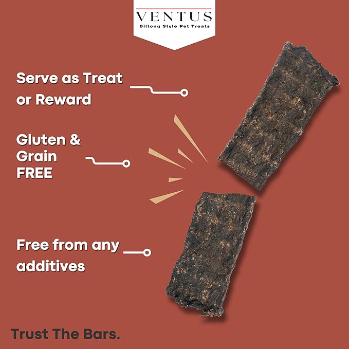 VENTUS Jerky Crunch Bars - Single Ingredient Venison Jerky Dog Training Treats, Healthy Air Dried, High Protein, No Additives, Grain Free Dog Treat, 8 oz