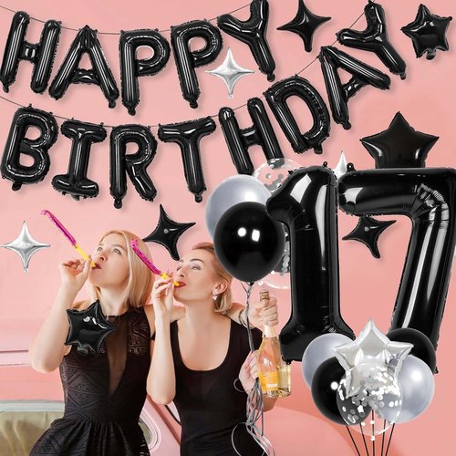 17 Balloon Numbers by [Brand Name] - Happy Birthday Foil Banner & Silver/Black Star Balloons