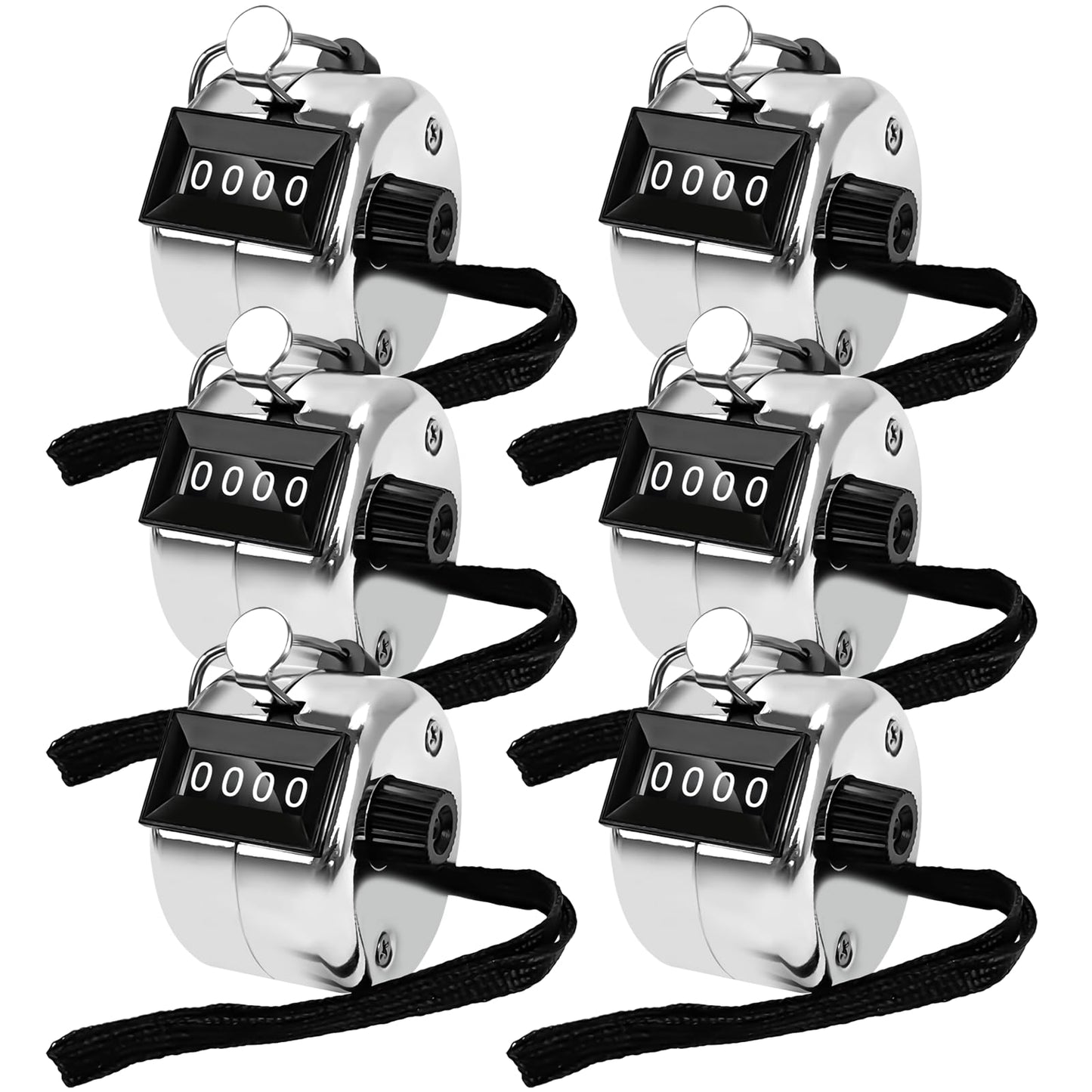 POXXU 6 Pack Clicker Counter,Metal Hand Tally Counters Clicker with Black Nylon Lanyard,4 Digit Display Pitch Counter for Knitting,Coaching,Golf,Lap,Fishing,Umpire,Baseball,Row Sport (Silver Color)