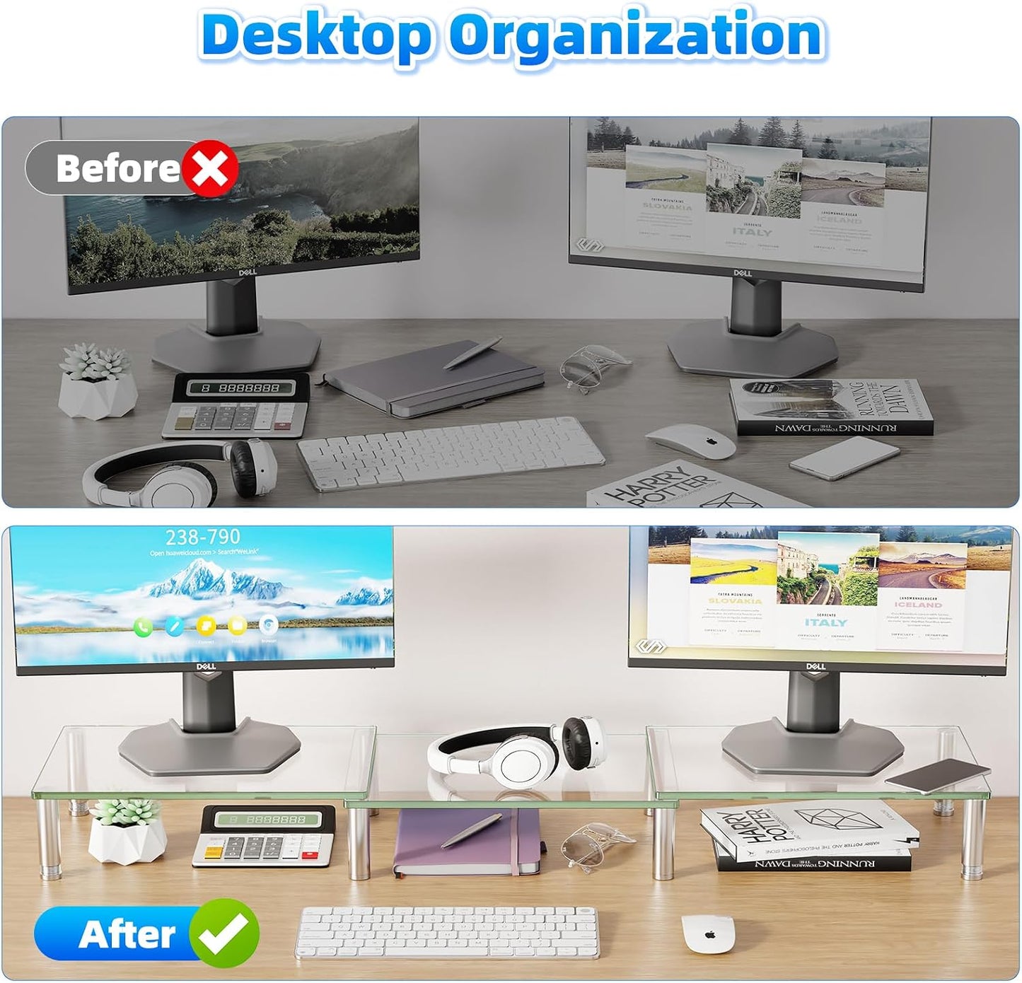 2 Simple Trending Dual Monitor Stand Riser, Computer Office Desktop Organizer for Monitors with Tempered Glass