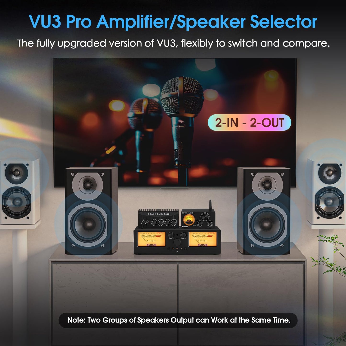 Douk Audio VU3 PRO Dual Analog VU Meter, 2-Way Amplifier Switch, Speaker Selector, Amp Audio Switcher Box 2-IN-2-OUT with DB Panel Display