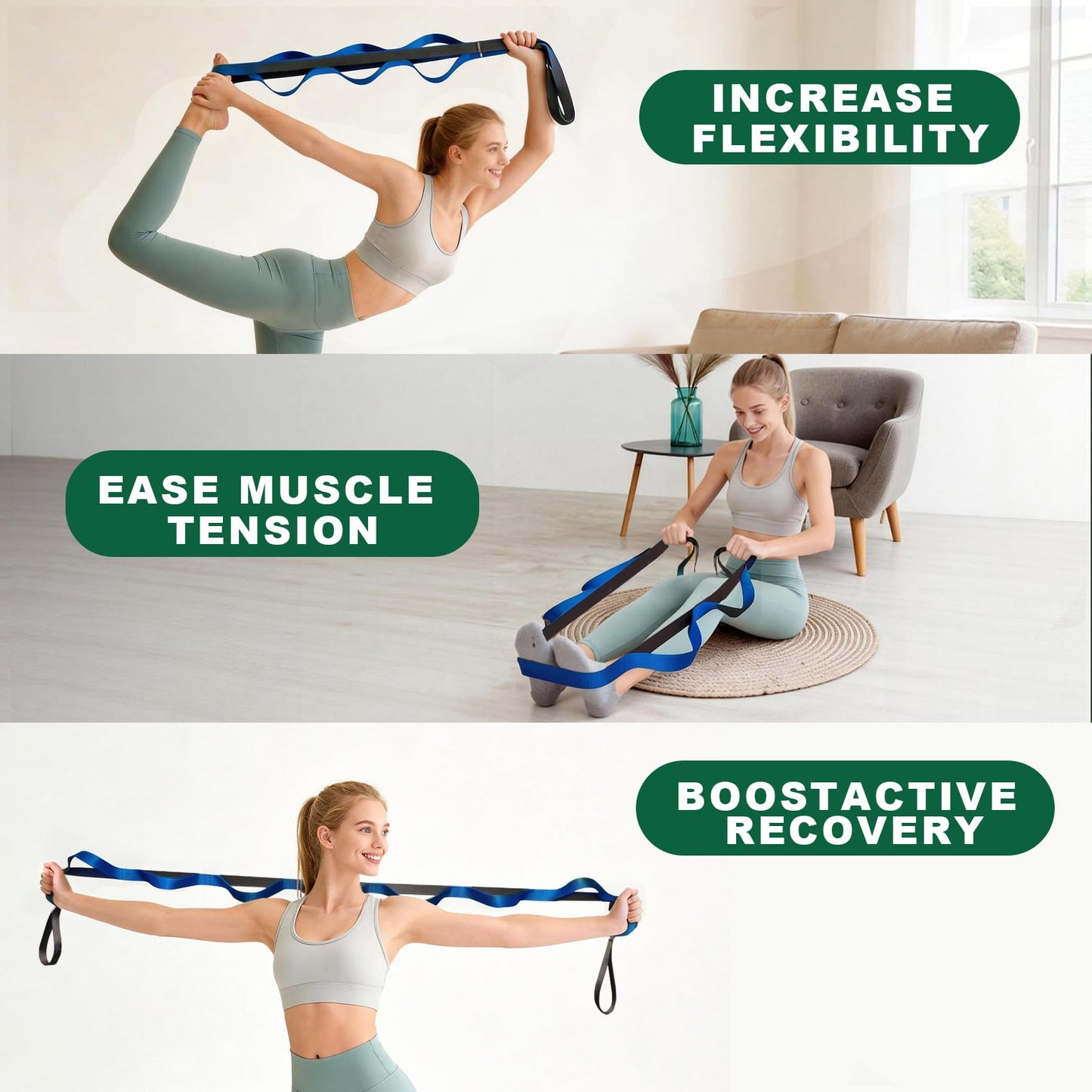 Acozycoo Stretching Strap with 10 Loops – Non-Elastic Yoga Strap for Physical Therapy, Knee Replacement Recovery & Plantar Fasciitis – Leg Stretcher Band for Flexibility & Hamstring Rehab（Blue)