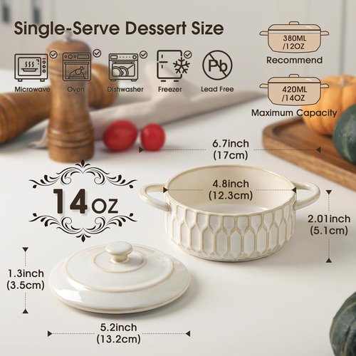 Mini Cocotte Set | 14 OZ Ceramic Casserole Dishes with Lids - Set of 4, Beige, Oven & Microwave Safe