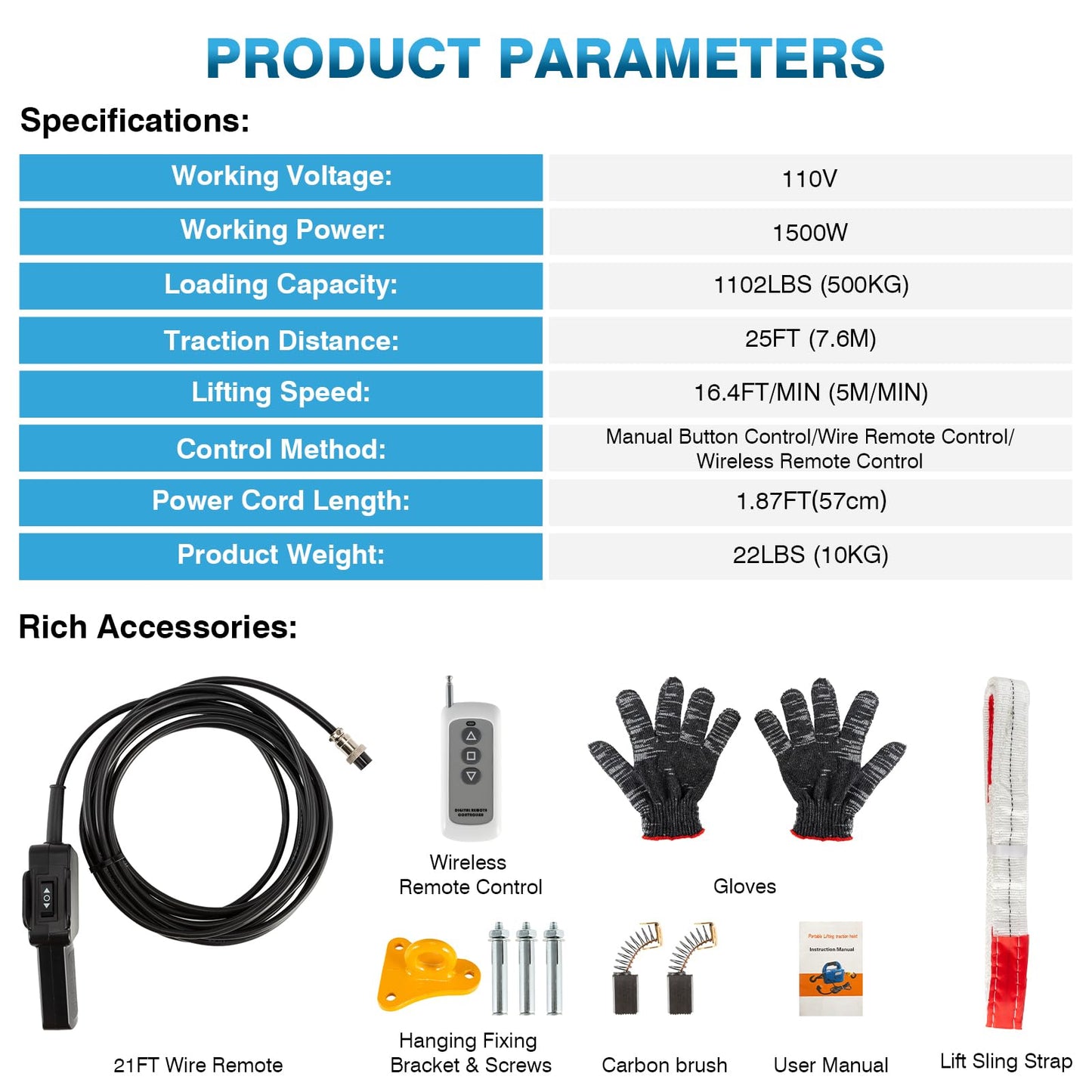 IRONWALLS 3 in 1 Electric Hoist Winch 1100LBS, 1500W Portable Power Winch Crane 110V 120V, 25FT Lifting Height, Small Electric Winch with Manual Button, Wired & Wireless Remote Control for Garage