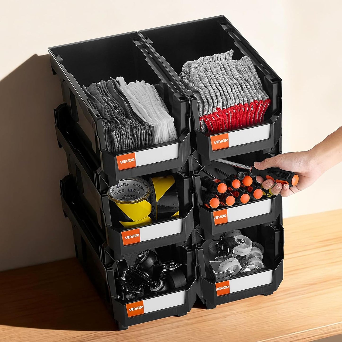 VEVOR Stackable Plastic Storage Bins - 6 Pack, 14.8 x 8.5 x 7.1 Inch, Ideal for Organizing Closet, Garage & Office Supplies - Black