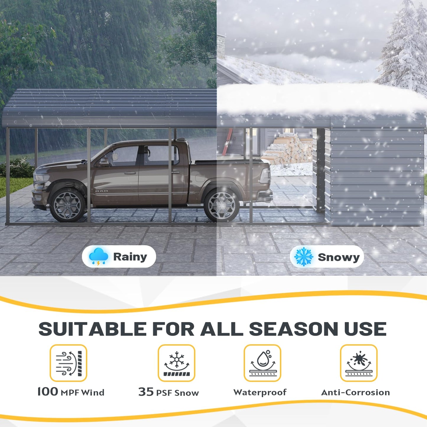 EROMMY 12x25 FT Metal Carport with Side Storage, Heavy Duty Enclosed Carport with Lockable Storage Room, Galvanized Steel Vehicle Shelter for Car, Truck & Tools
