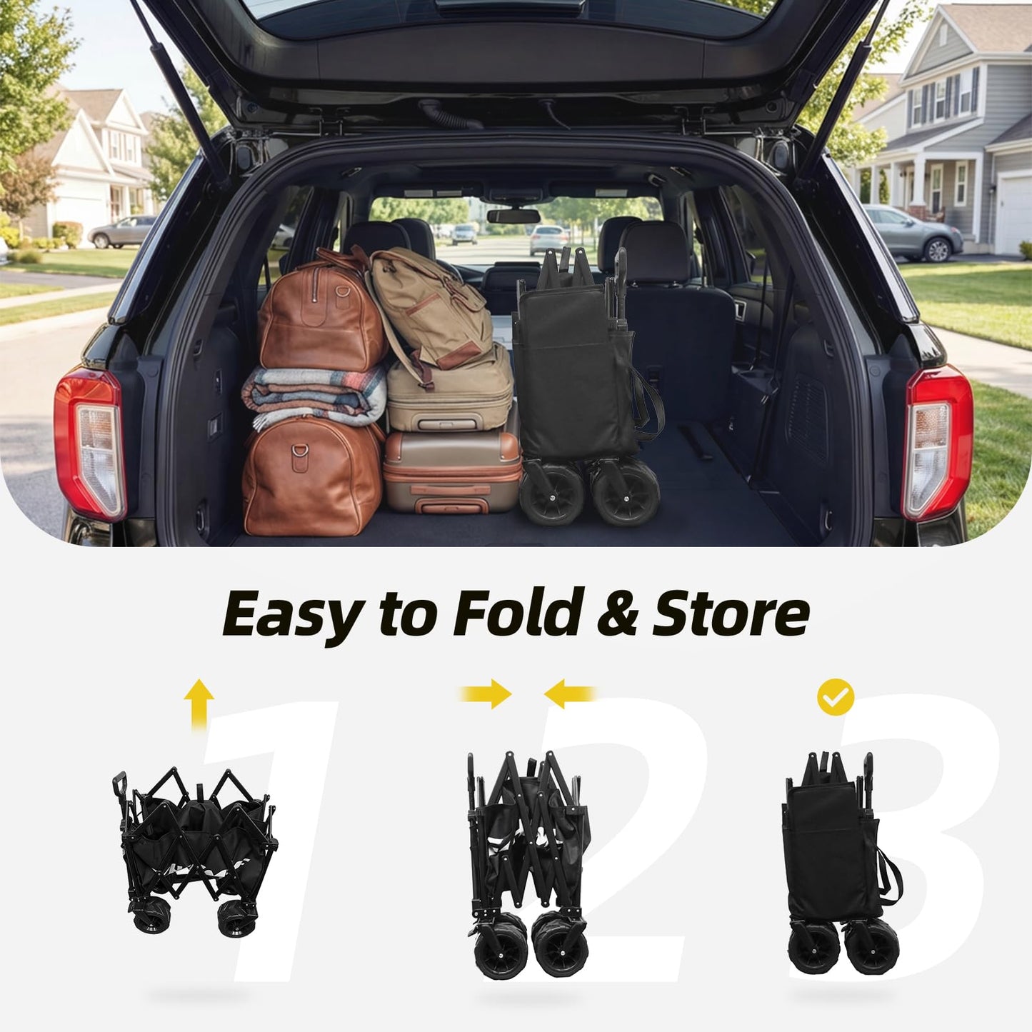 EchoSmile Collapsible Folding Wagon Cart with Compact Storage - 400Lbs Capacity All Terrain Utility Cart for Camping, Beach, Grocery, Garden,Black