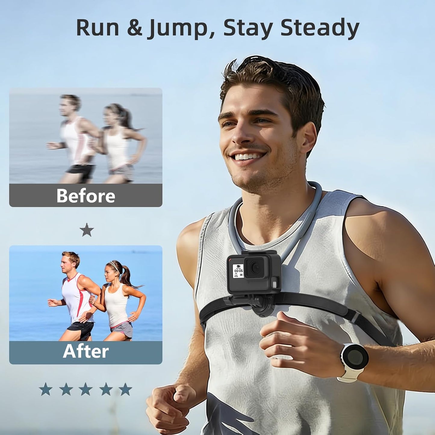 KINGJOY 13/12, 5/4 360 Action Camera Neck Mount, Flexible Silicone POV Neck Holder with Anti-Shake Chest Strap, Quick