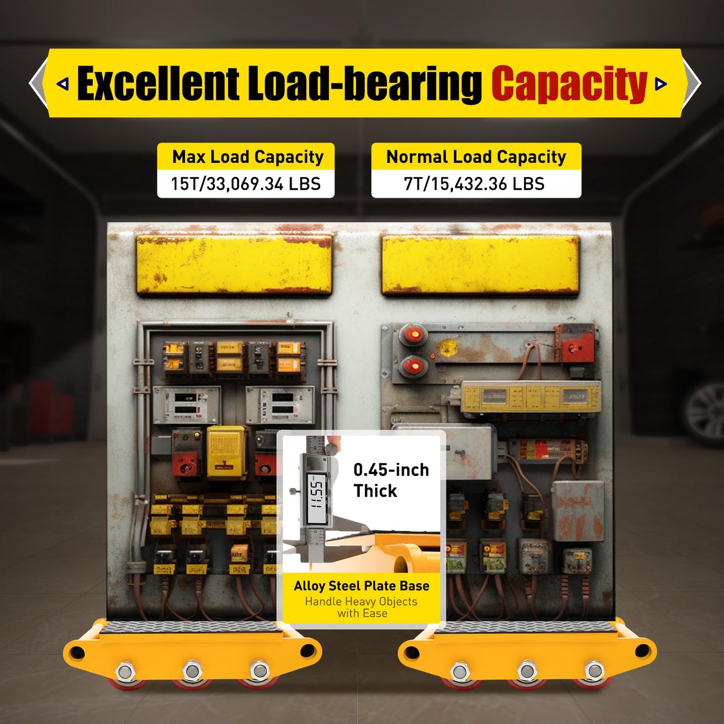 Machinery Skates, 33069.34lbs Max Capacity Industrial Machinery Mover with 9 Rollers, Heavy Duty Machine Dolly Skate for Industrial Moving Equipment, Yellow, 1pc