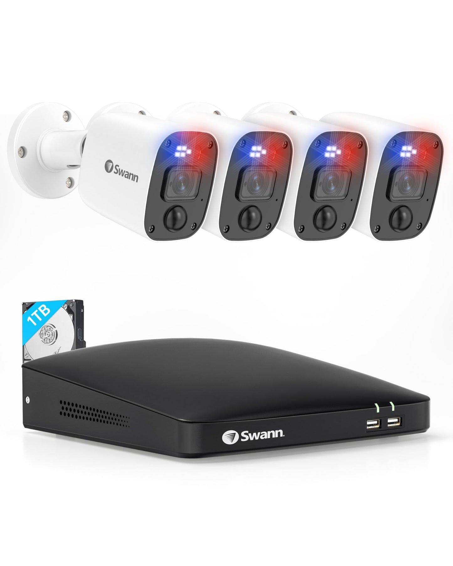 Swann 4 Camera 8 Channel 2K DVR Security System, 256GB SD Card, Red & Blue Deterrence Lights, Color Night Vision, IP 66 Weatherproof,8468542KMQB
