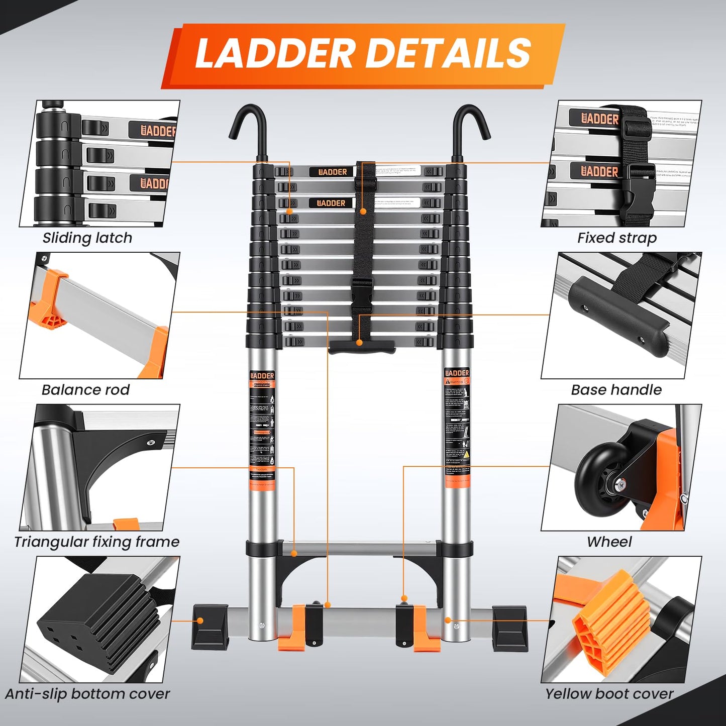 Telescoping Ladder,16.5 FT Extension Ladder w/Hooks,Stabilizers,Wheels,Heavy Duty 330lbs Max Capacity,Collapsible Telescopic Ladder for Rv,Roof,Outdoor