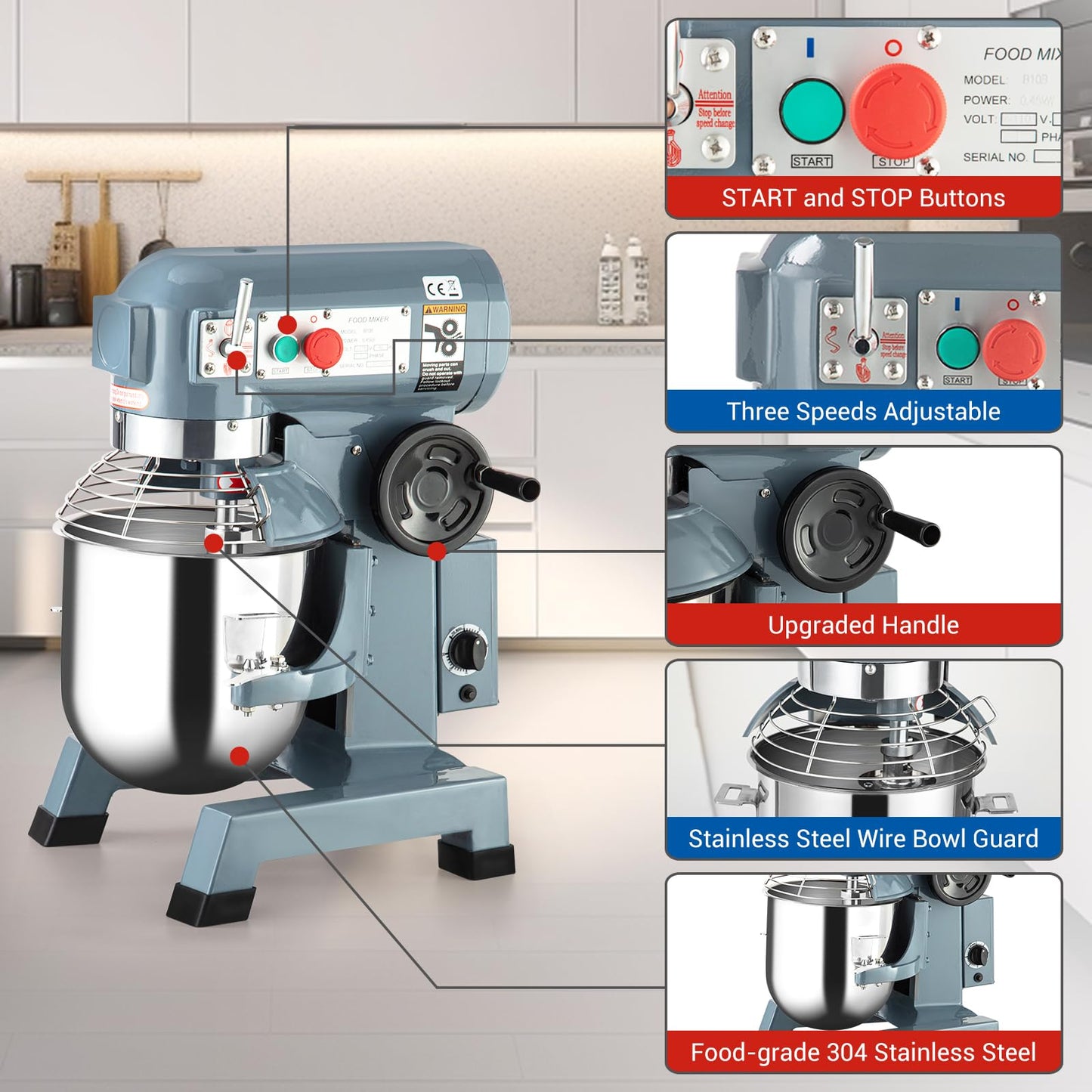 Commercial Food Mixer 30Qt, Heavy Duty Commercial Stand Mixer with 3 Speeds Adjustable, 1250W Electric Dough Mixer with Stainless Steel Bowl, Dough Mixer Timing Function for Bakeries Pizzerias