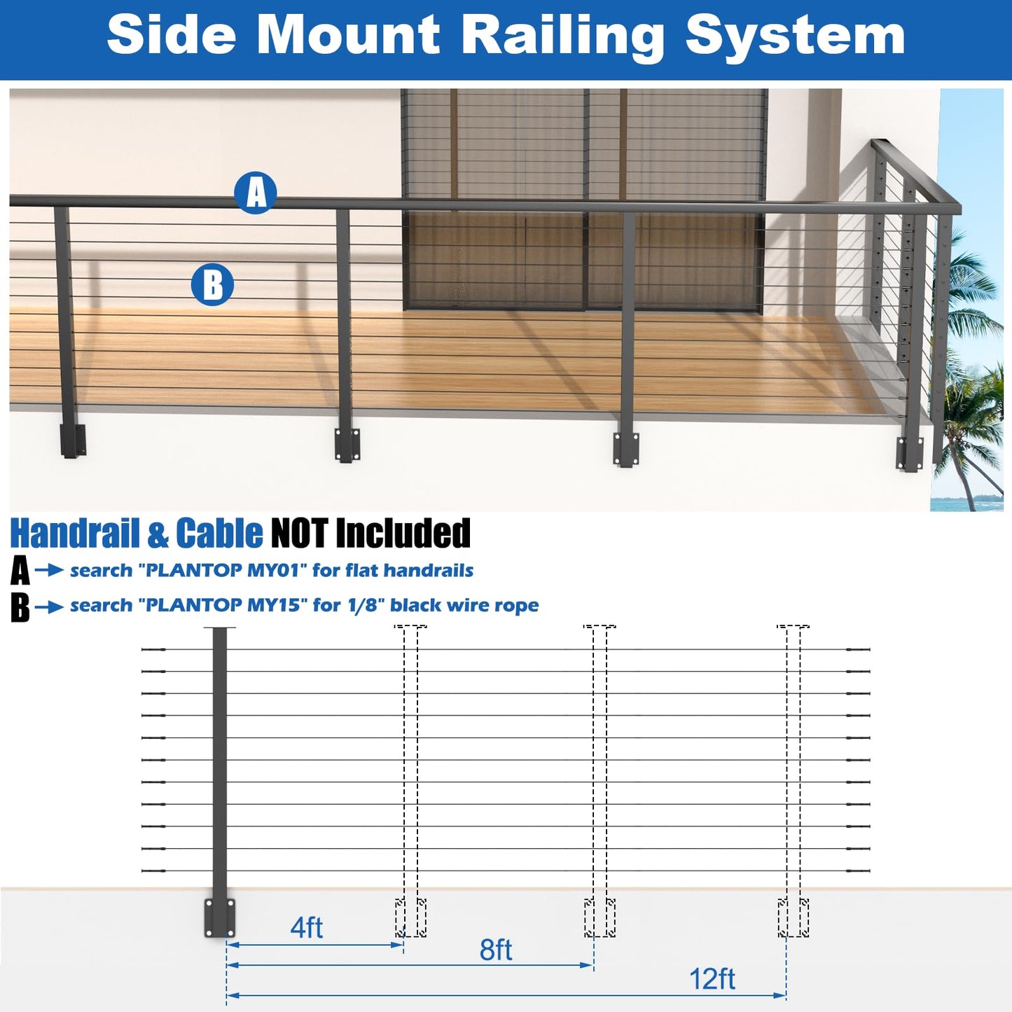 PLANTOP 36" Side Mount Cable Railing Post Kit, Included 2 Pack Level Drilled Fascia Mount Posts, 1/8" Invisible Cable Railing Anchor Terminal, Stainless Steel Handrail Deck Corner Post for Indoor Out