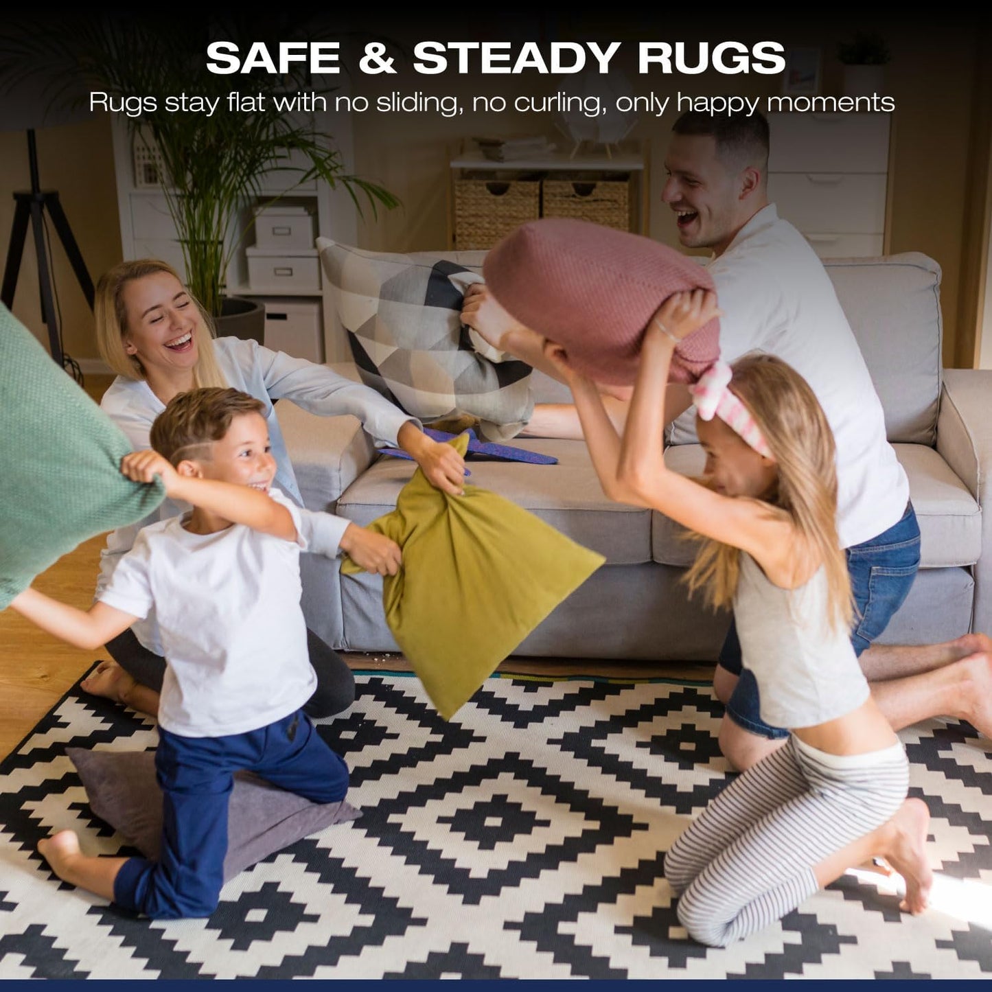 Reusable Rug Grippers - 12 Non-Slip Pads for Area Rugs | Double-Sided Adhesive Carpet Tape for Hardwood & Tile