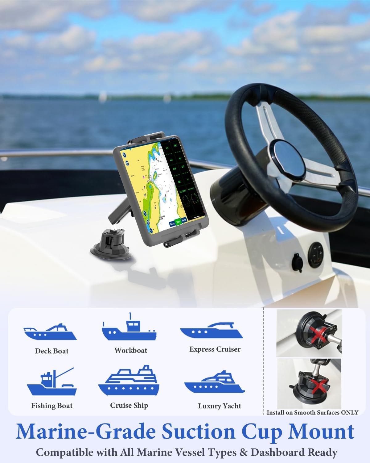 WISHCODE 66LBS 13 12.9, 6-15.6" Metal Tablet Mount for Boat, [Ultra-Deep Clamp] Vacuum Suction Cup, Boat Accessories