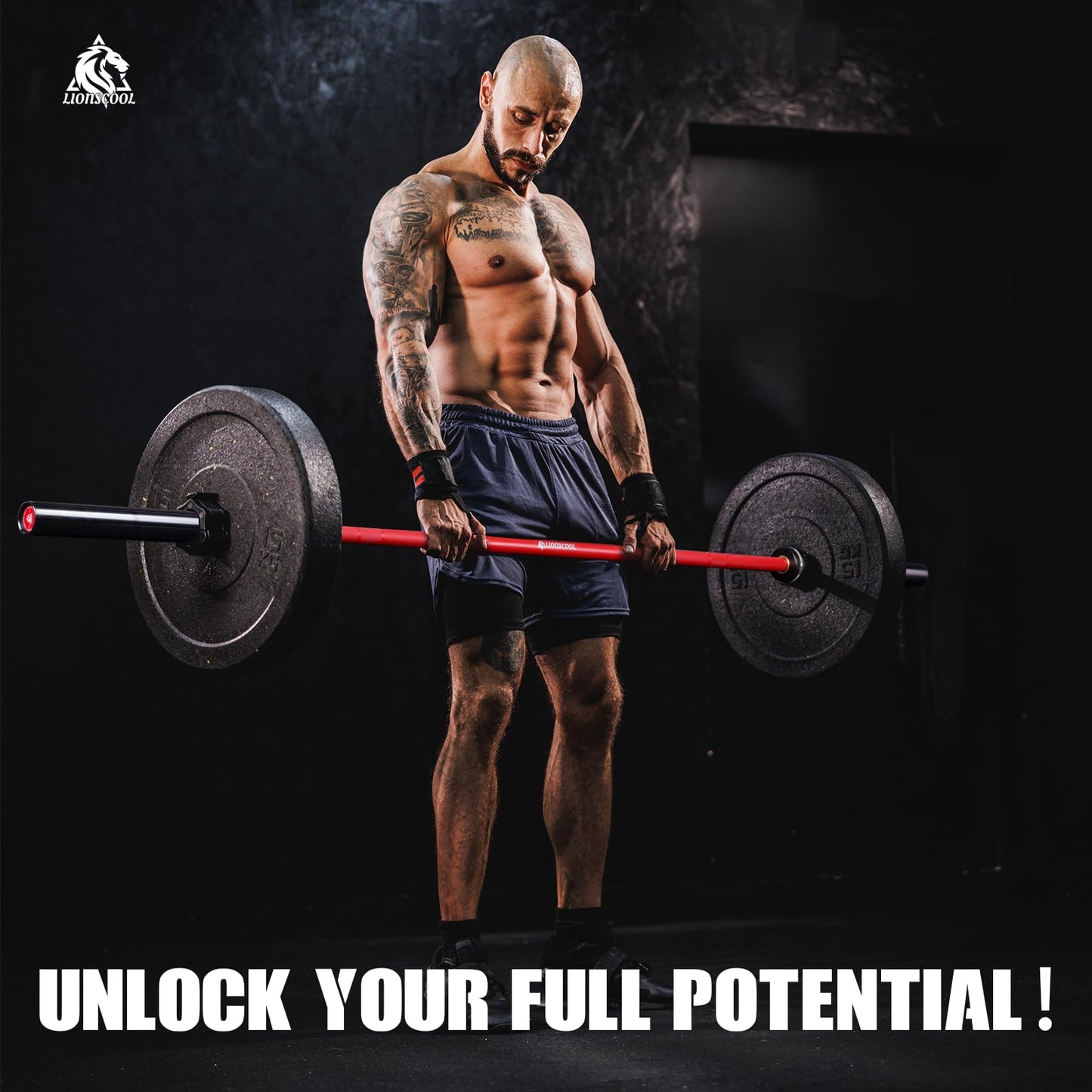 LIONSCOOL 7ft Olympic Barbell (Red Ceramic Shaft & Black E-coated Sleeves, 1500LBS, No Center Knurl)