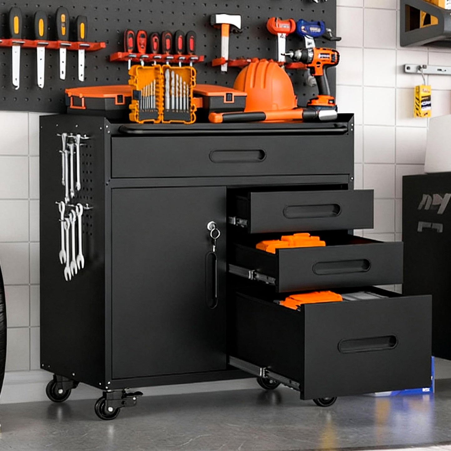 VIYET Garage Storage Cabinet,Metal Rolling Tool Cabinet with 2 Pegboard and 10 Hook,Heavy Duty Mechanics Tool Chest Storage for Workshop, Basement,Warehouse,Include Workbench Liner,Black