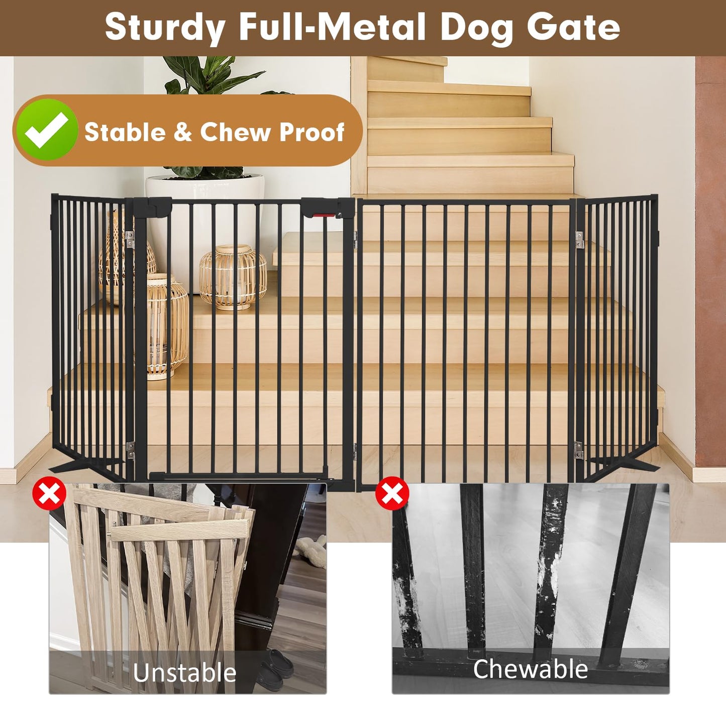 Metal Freestanding Dog Gates with Door,Extra Wide 24", 32" Height Foldable Dog Fence for Indoor & Outdoor, Heavy Duty Freestanding Pet Barrier for Stairs, Doorways, Halls, Kitchen,Yard,Christmas Tree