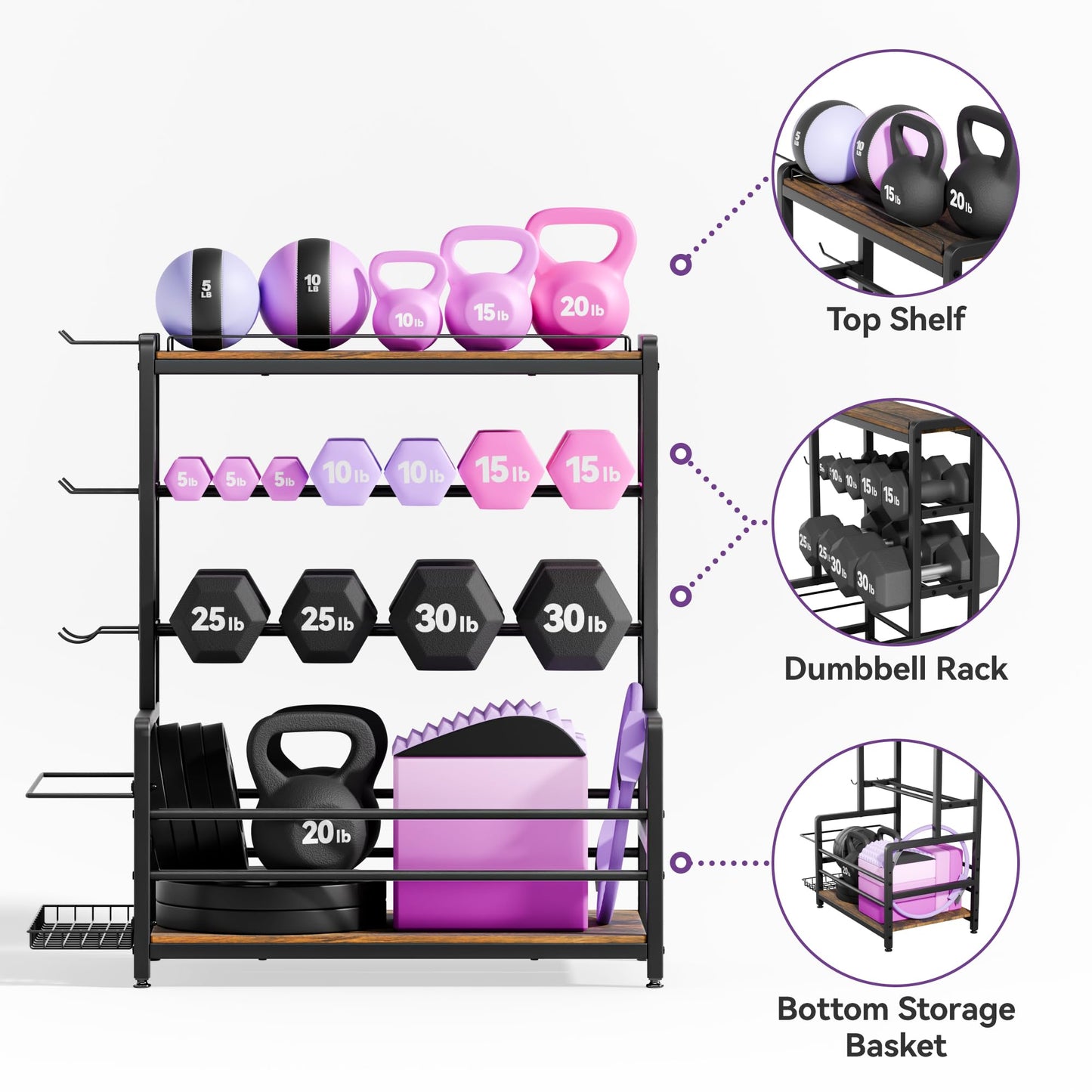 Gym Home Equipment Weight Rack – 3‑Tier Workout Storage Stand for Dumbbells & Kettlebells, Medicine Ball Holder, Steel Organizer with Side Basket, Hooks