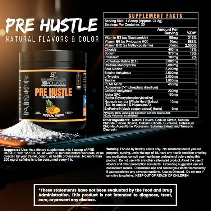 BLACKLABEL Supplements PRE Hustle V3 Pre-Workout Powder ??NSF Certified for Sport ??Energy, Strength & Endurance Support ??Tropical Fusion Flavor ??with Creatine & Caffeine ??30 Servings