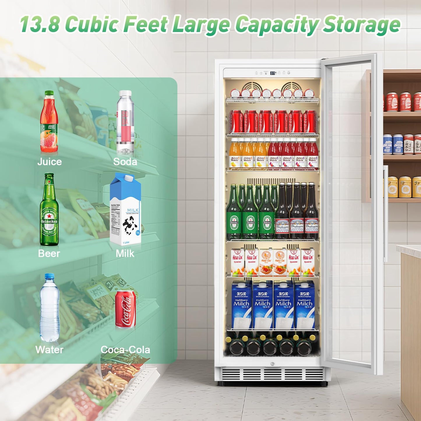Velivi Commercial Merchandiser Refrigerator, 13.8 Cu Ft Display Beverage Fridge with Glass Door Upright Cooler with LED Light Low Noise, Fast Cooling for Shop, Restaurant, Office (White)