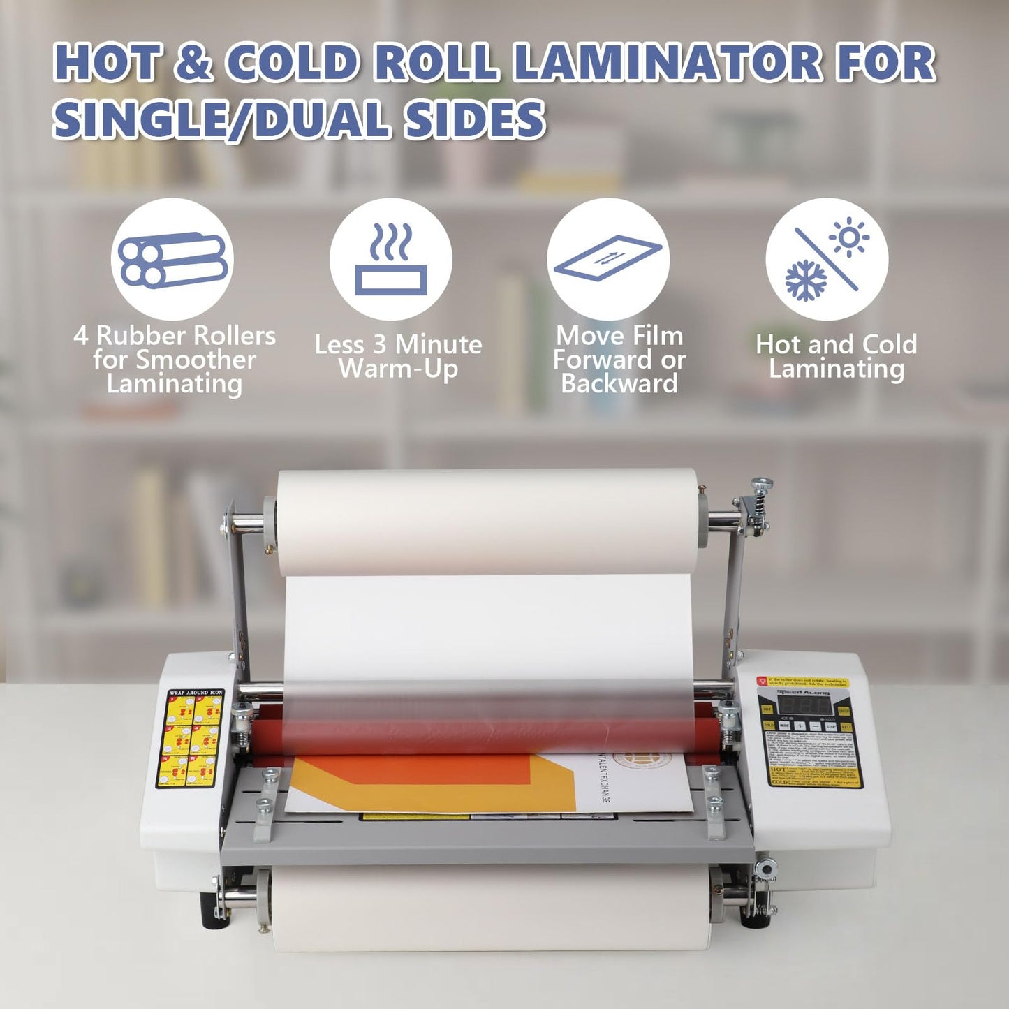 13.5" Laminator Machine High Speed Hot and Cold Roll Laminating Machine Single/Dual Sides with Digital Display for A3/A4 Paper Lamination, Speed Adjustable 3 Minute Warm-Up, 110V (Film not Included)