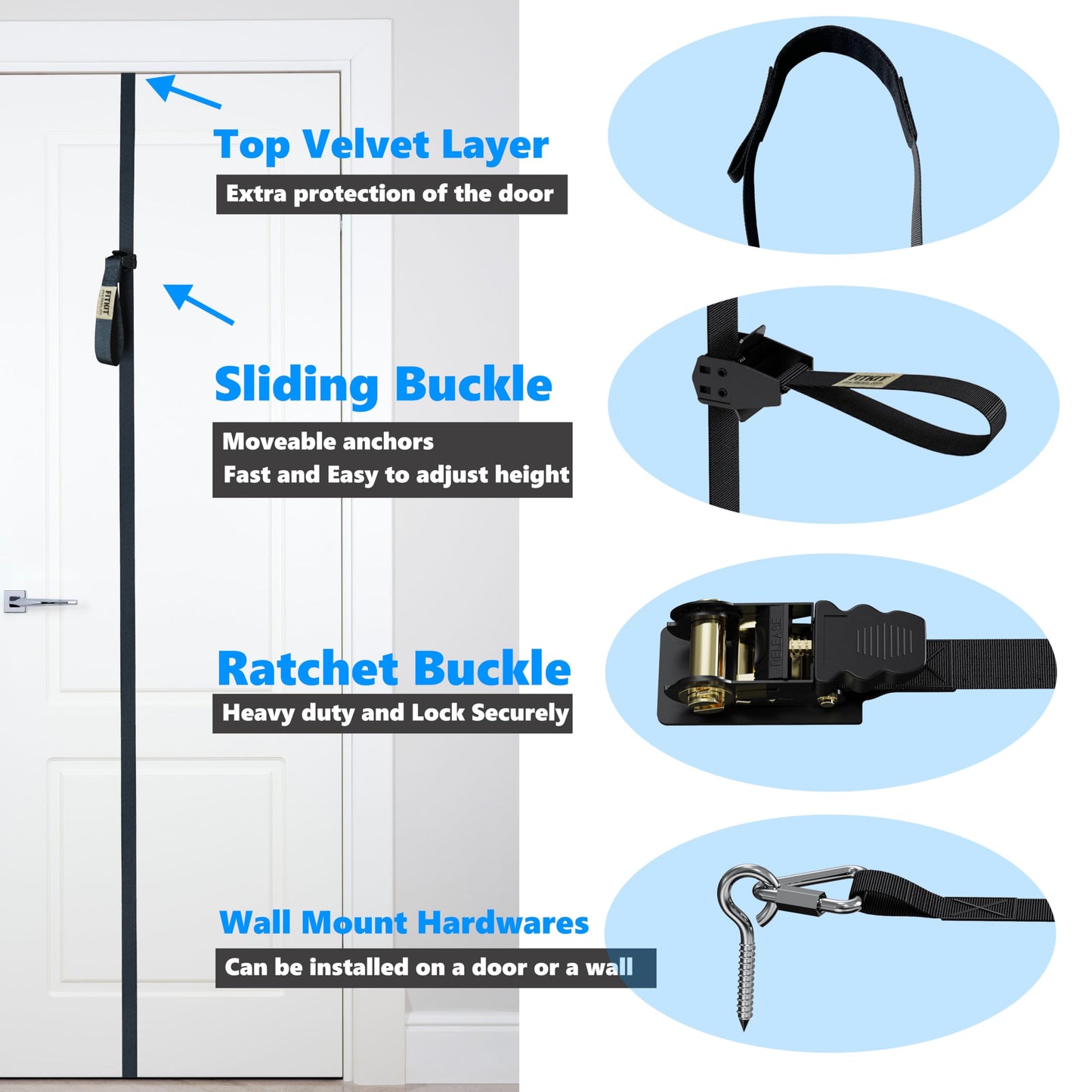 FITKIT Door Sliding Anchor for Resistance Bands, Adjustable Mount with Multi-Points for Home Gym, Fits 6-8ft Doors