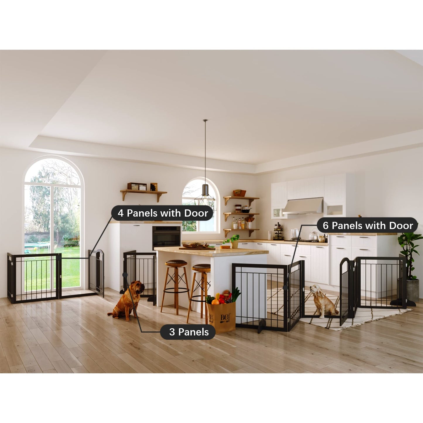 JSB 144-inch Extra Wide 30-inch Tall Dog gate with Door Walk Through, Freestanding Pet Gate for Halls, Stairs & Home, Pet Puppy Safety Dog Fence with 2PCS Support Feet (Black)