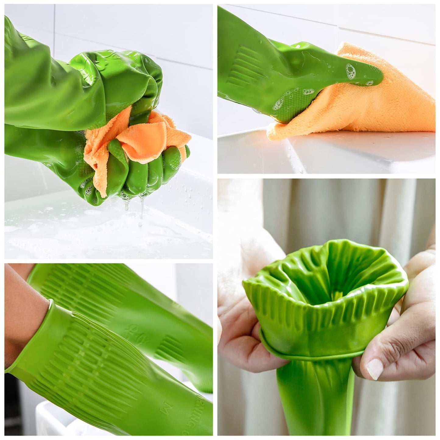 IUCGE Rubber dishwashing gloves 3 Pairs for kitchen,Cleaning washing dish gloves long for household reuseable durable.(Medium,Green)