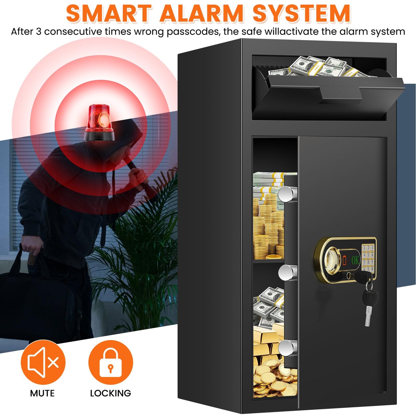 31.5"H Large Drop Safe Box for Business, Anti-Theft Depository Safe with Drop Slot, Digital Keypad, Spare Key and Removable Shelf, Heavy-duty Commercial Safes for Business Cash Documents Home
