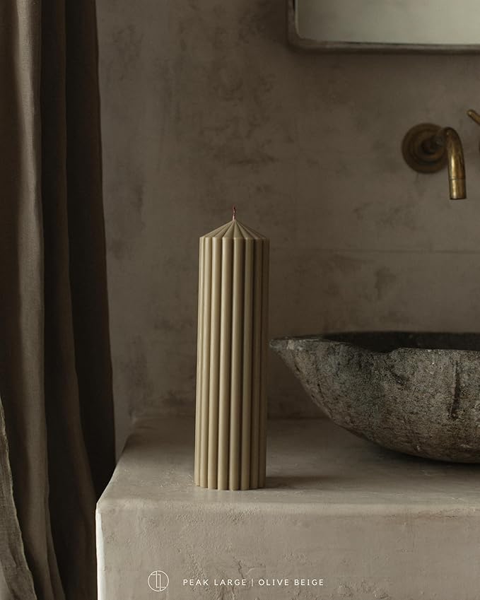 LAWA Ribbed Peak Pillar Candle - Large Beautiful Handmade Pillar Scented Soy Wax Candle Elegant Bubble Aesthetic Candle Housewarming Gift Home Room Shelf Decor Idea Olive Beige (Large)