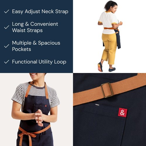 hedley & bennett Essential Apron – Adjustable Bib Chef Apron with 3 Pockets & Towel Loop – 12oz Cotton Canvas – Midnight Blue