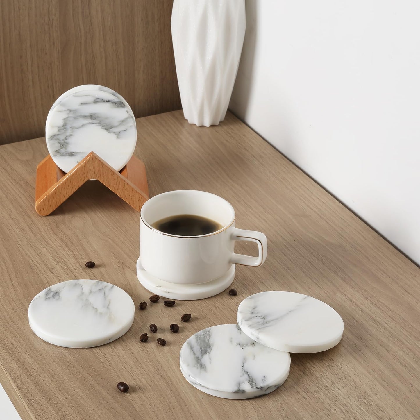 BCS Marble Coasters Set of 5 with Holder, Square Stone Drink Coasters for Coffee, Wine and Cocktails, Non-Slip Durable Cup Mats, Elegant Home, Bar & Kitchen Table Decor (Crema Beige)