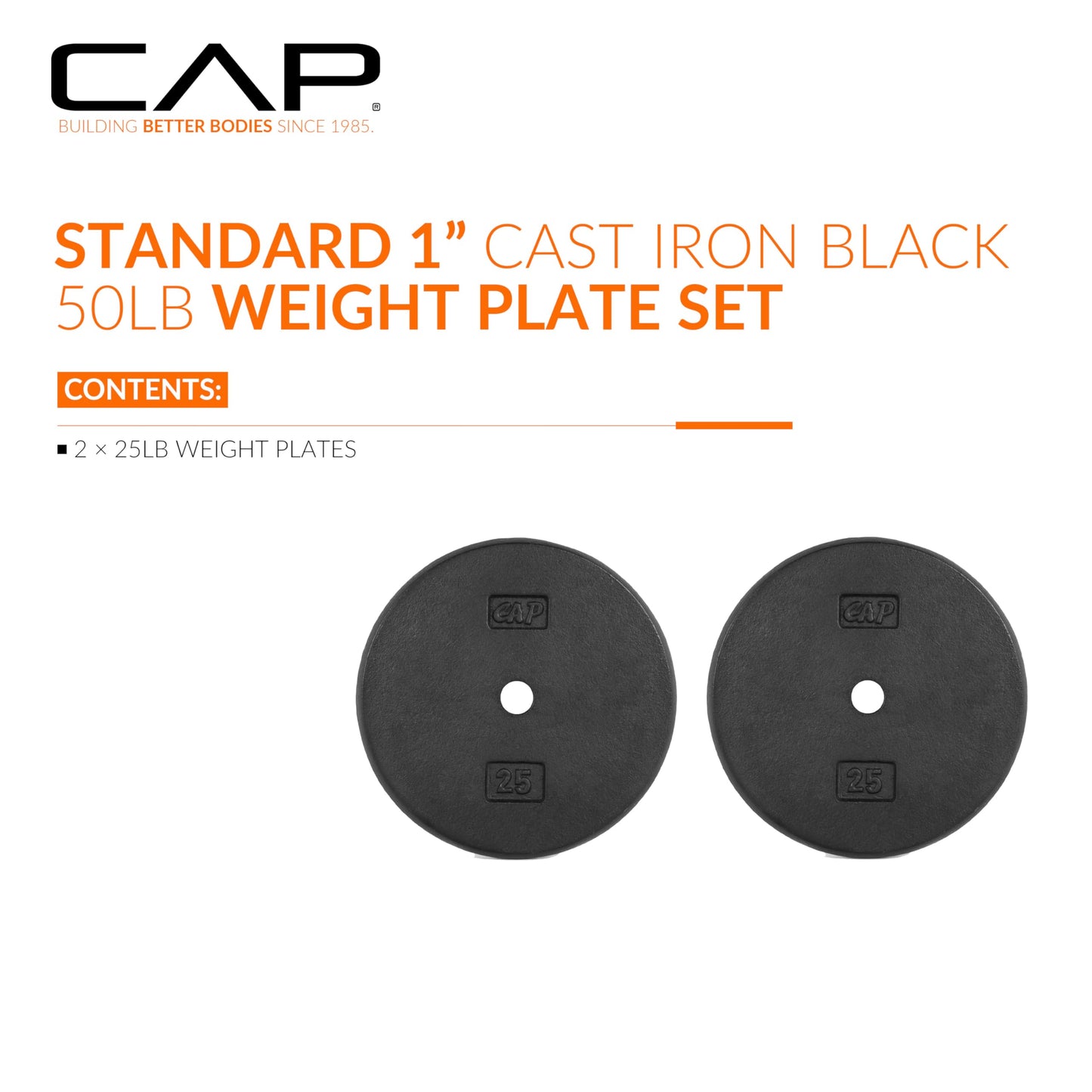 CAP Barbell Cast Iron Standard 1-Inch Weight Plate Set – Barbell Weights for Home Gym, Strength Training, and Weightlifting, 25 lb Set of 2, Black